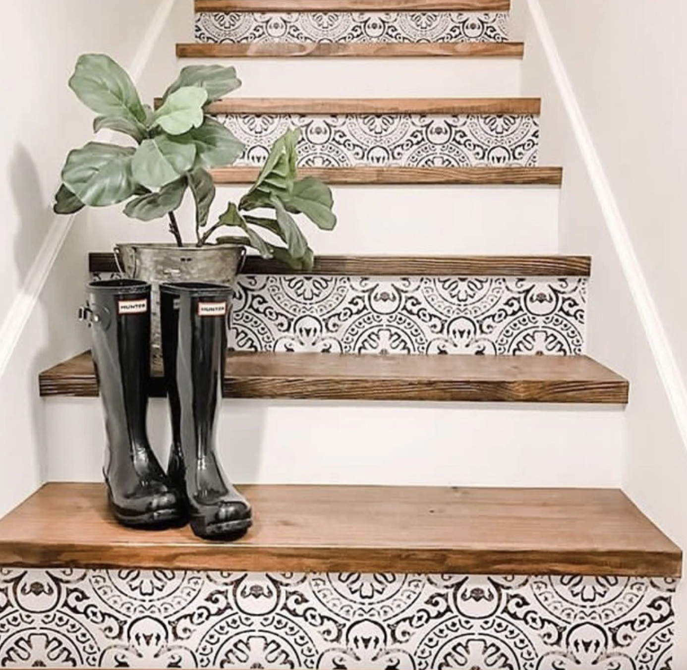 black and white printed decal on stairs