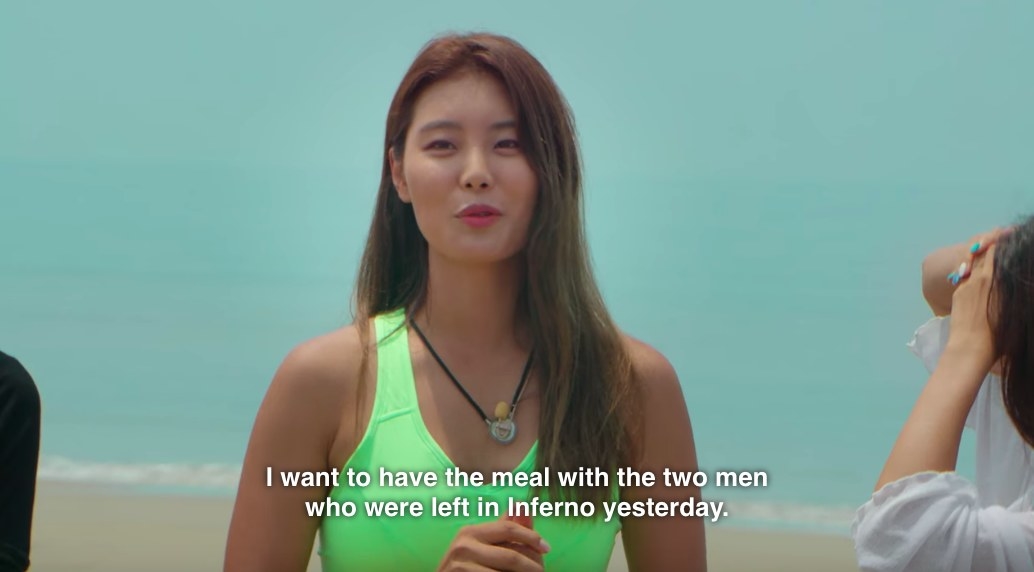 So-yeon wears a green bikini and says she wants to have the meal with the two men left in Inferno yesterday