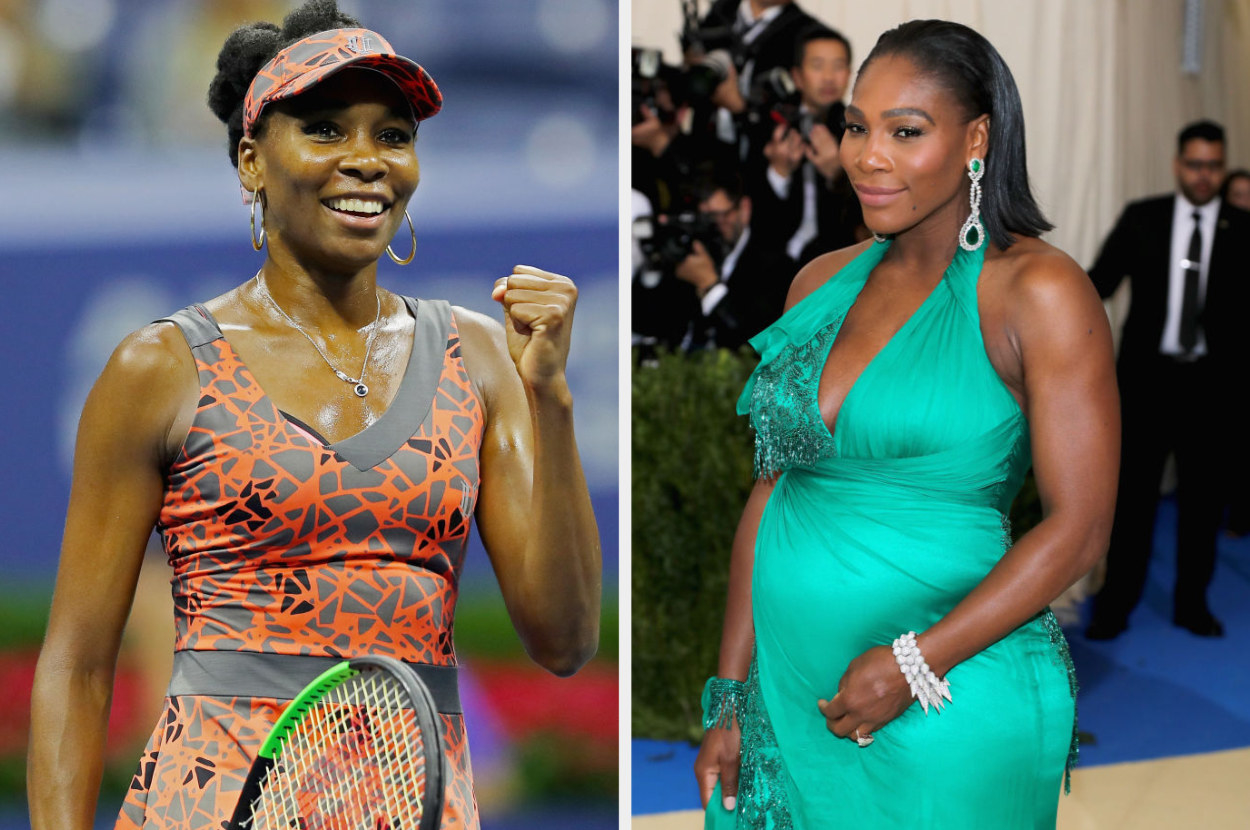 Side-by-sides of Venus playing tennis and Serena at the 2017 Met Gala