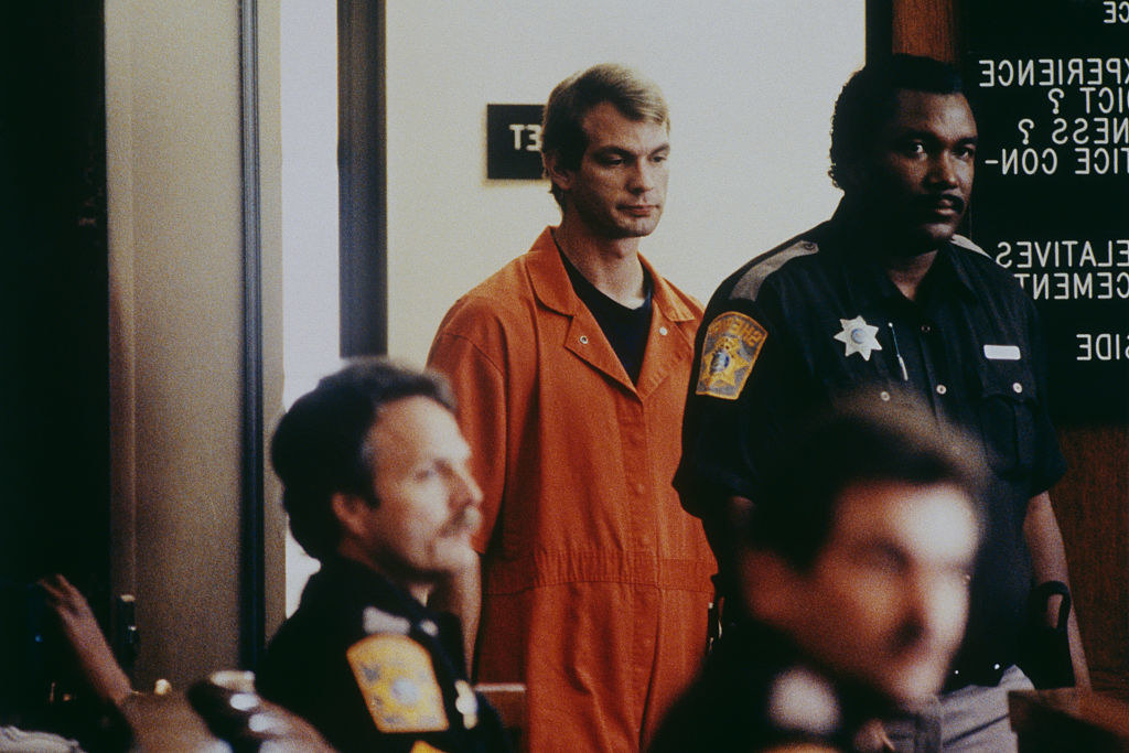 Jeffrey Dahmer being escorted into the courtroom for his trial