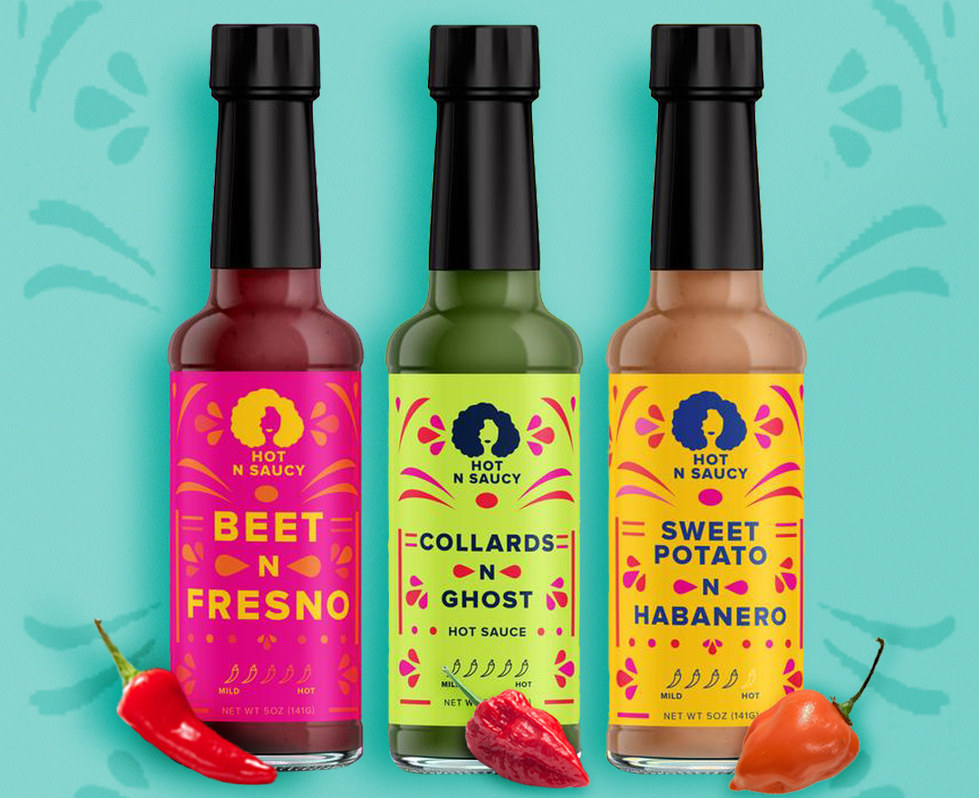 three bottle of hot sauce with labels that read &quot;beet n fresno&quot;, &quot;collards n ghost&quot;, and &quot;sweet potato n habanero&quot;