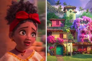 A character is on the left looking at a huge colorful house