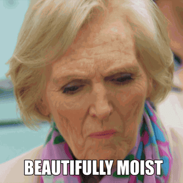 Mary Berry from &quot;Great British Bake-Off&quot; saying &quot;beautifully moist&quot; while chewing