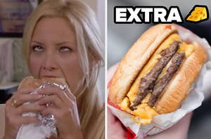 Kate Hudson is on the left eating a burger with a cheeseburger on the right labeled, "Extra cheese"