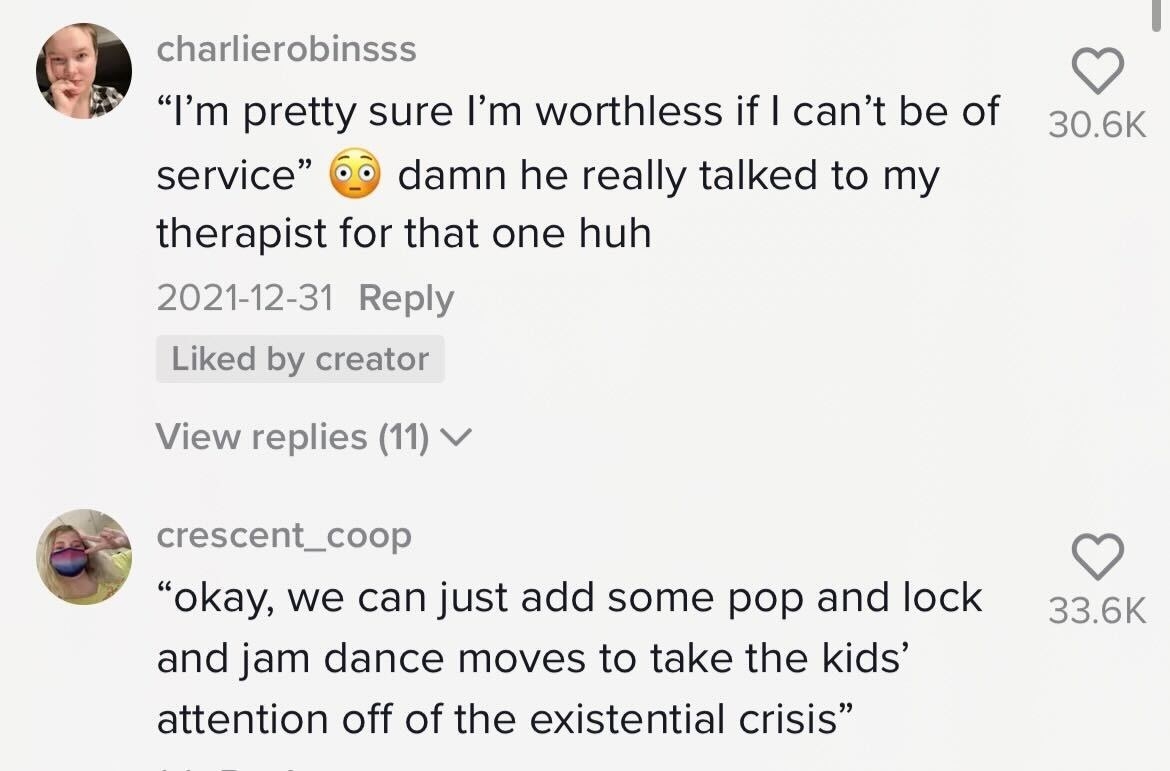 &quot;I&#x27;m pretty sure I&#x27;m worthless if I can&#x27;t be of service&quot; Damn he really talked to my therapist for that one huh
