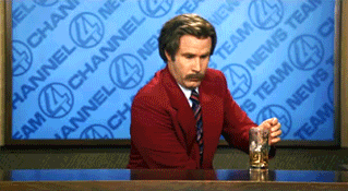 Gif of Ron Burgundy in Anchorman nervously drinking in the newsroom