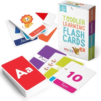 The flash cards with numbers, colors, letters, and animals
