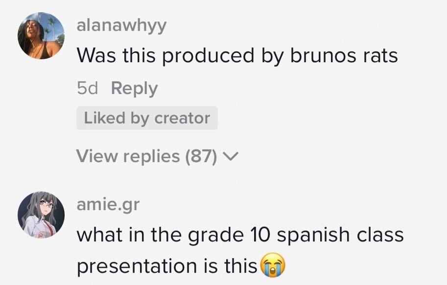 &quot;Was this produced by Bruno&#x27;s rats&quot; and &quot;What in the Grade 10 spanish class presentation is this&quot;