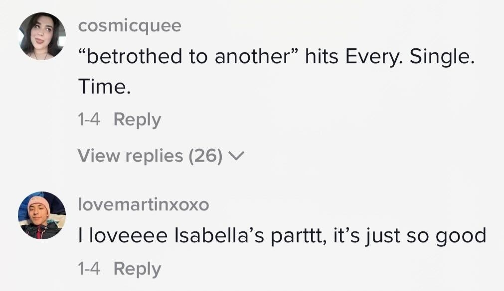 "betrothed to another" hits every single time"
