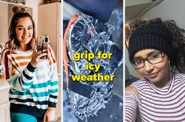 reviewer in striped sweater, grip on bottom of winter boots for ice, reviewer wearing beanie with hole in top for ponytail