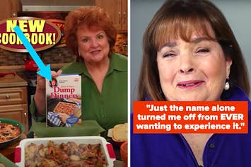 Arrow pointing to a Dump Dinners cookbook with Ina Garten grimacing with text "Just the name alone turned me off from EVER wanting to experience it."