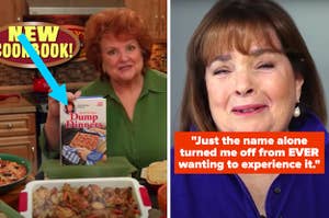 Arrow pointing to a Dump Dinners cookbook with Ina Garten grimacing with text "Just the name alone turned me off from EVER wanting to experience it."