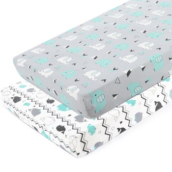 Two pack-n-play mattress sheets in owl and whale prints
