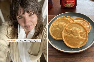 A reviewer in a spa robe / baby yoda shaped waffles