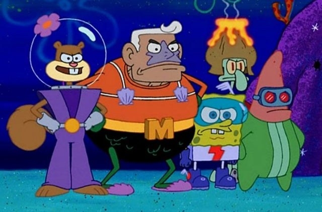 Sandy, Mermaid Man, Spongebob, Squidward, and Patrick