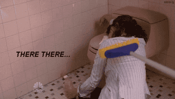 Gif from 30 Rock of a character passed out on a toilet, with someone half-heartedly comforting her by petting her with a broom and saying &quot;there there&quot;