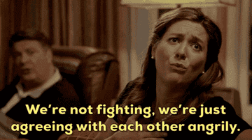 Character saying we're not fighting we're just agreeing with each other angrily