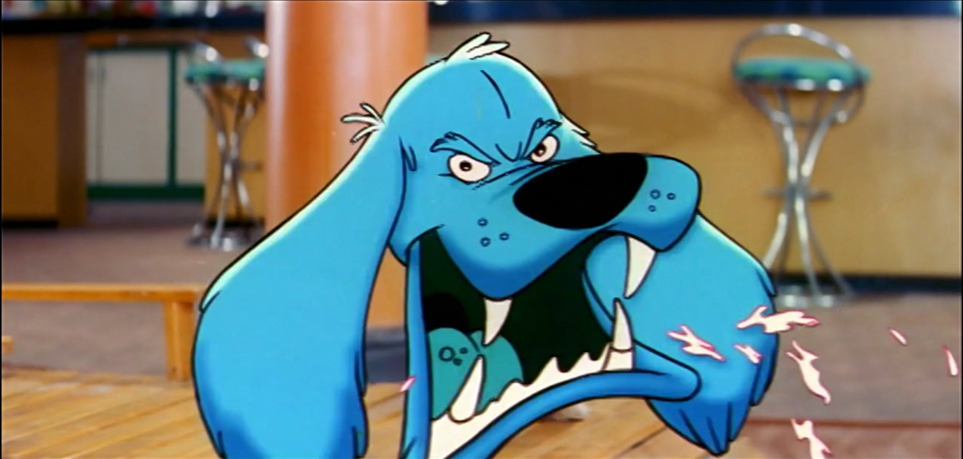 A cocker spaniel with a blue CGI face