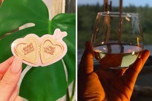 taylor swift lyric sticker and hand holding stemless wine glass