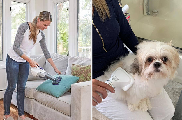 Model using pet dust buster, reviewer using drying comb on dog