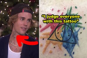 Side-by-side of a tatted Justin Bieber and a "Harry Potter" tattoo