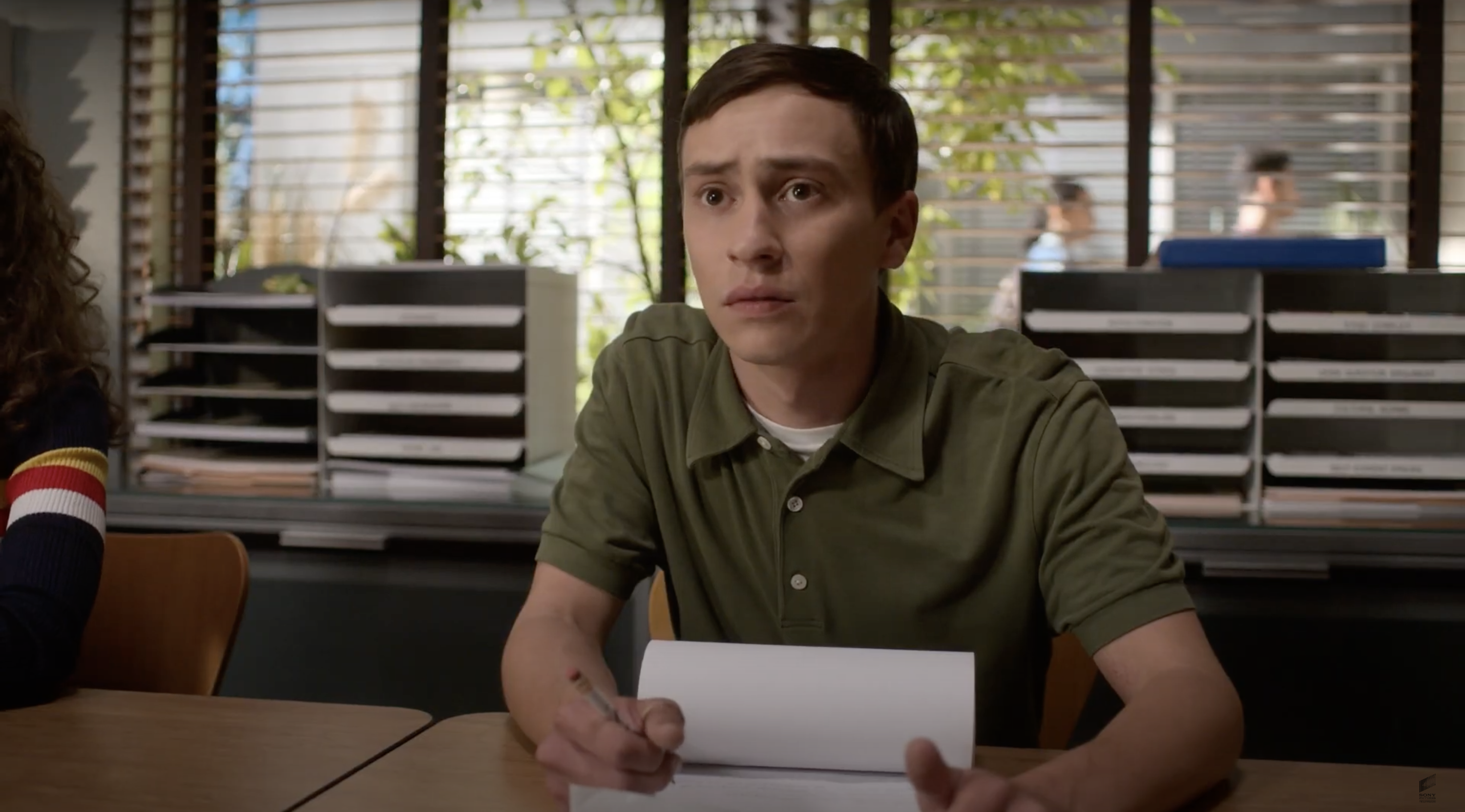 Keir Gilchrist as Sam struggles to speak during a Socratic seminar in &quot;Atypical&quot;