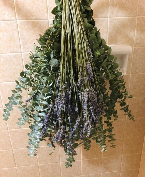 a eucalyptus bundle hanging in a shower