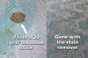A customer review photo of their mattress with a blood stain and then without the blood stain