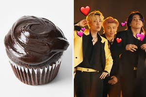 On the left, a chocolate cupcake, and on the right, BTS in the Butter music video