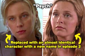 Lucinda in Psych labeled "Replaced with an almost identical character with a new name in episode 2" with a picture of Juliet