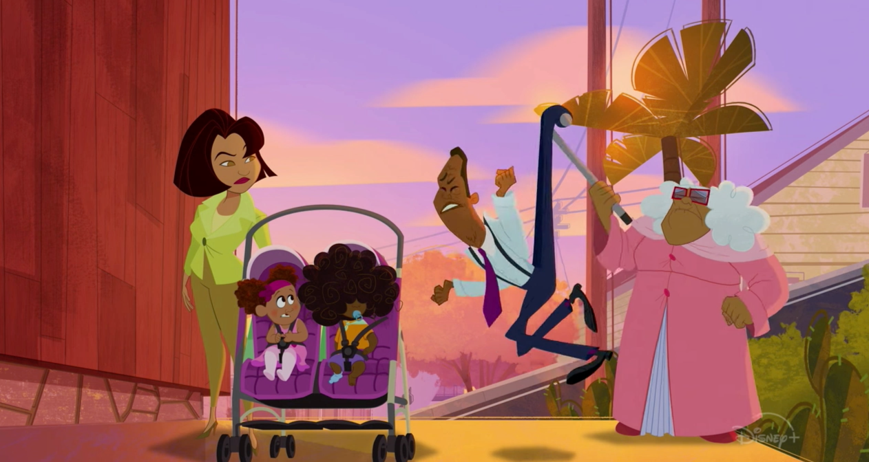 Suga Mama inflicting bodily harm to Oscar with her cane as Trudy and the twins, BeBe and CeCe, look on