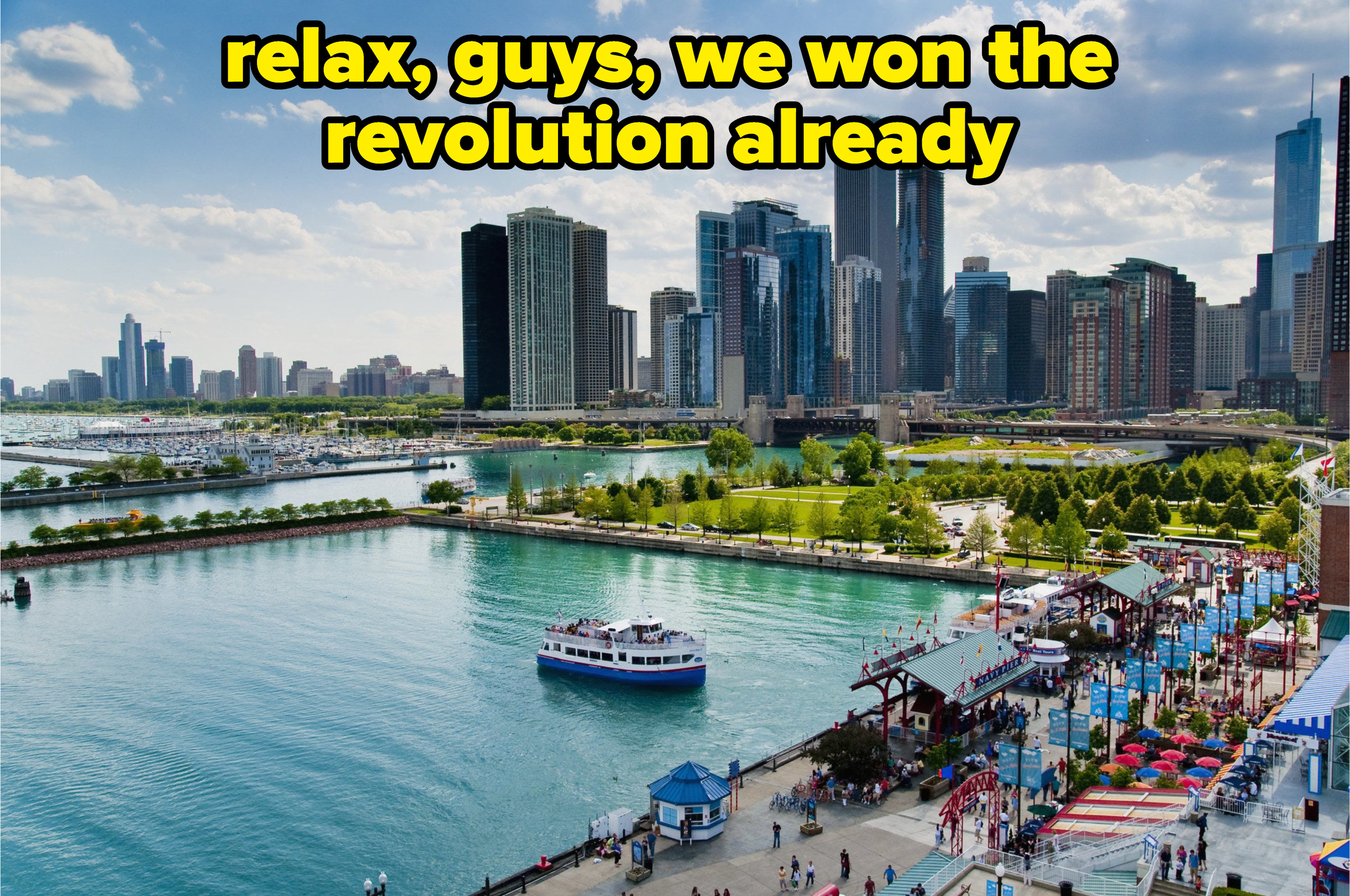 Navy Pier in Chicago, with caption: relax, guys, we won the revolution already