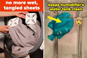 L: Wad-free pads on bedsheets to prevent them from tangling in the dryer R: fish-shaped water tank cleaner with text on the image that says "keeps humidifier's water tank clean"