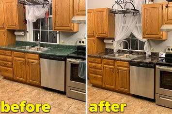a before and after photo for a dark marble surface cover