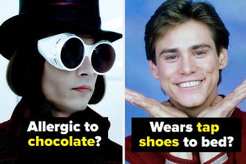 johnny depp as willy wonka on the left with the fact allergic to chocolate and jim carrey on the right with the fact wears tap shoes to bed