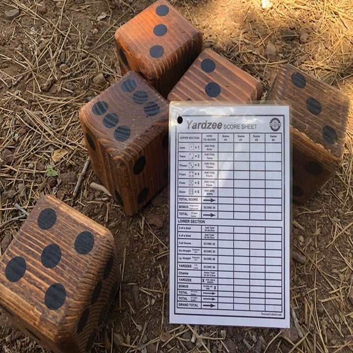 a reviewer photo of five oversized wooden dice sitting on the grass with a laminated "Yardzee" score card