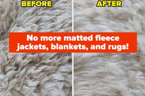 L: a white matted sheepskin rug R: the same rug with the mats brushed out of it and it looks soft and fluffy again