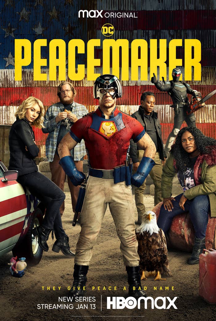 A promo poster featuring the Peacemaker front and center with an eagle and the rest of the cast flanking him