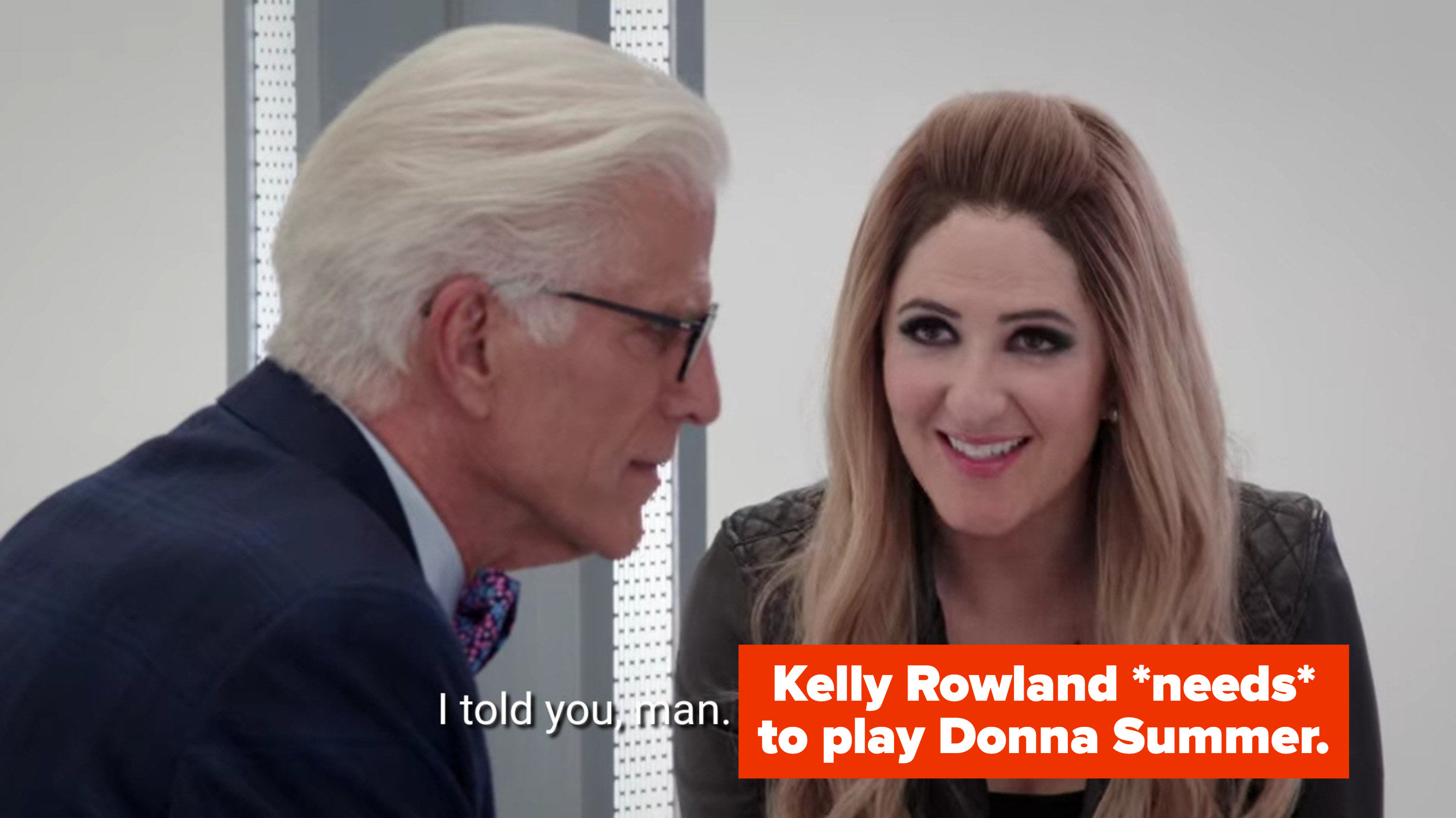 Reimagined &quot;Good Place&quot; meme that reads: &quot;I told you, man. Kelly Rowland *needs* to play Donna Summer&quot;