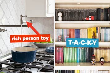 Pot-filler on a stove that's a "rich person toy," and "tacky" color-coded bookshelf