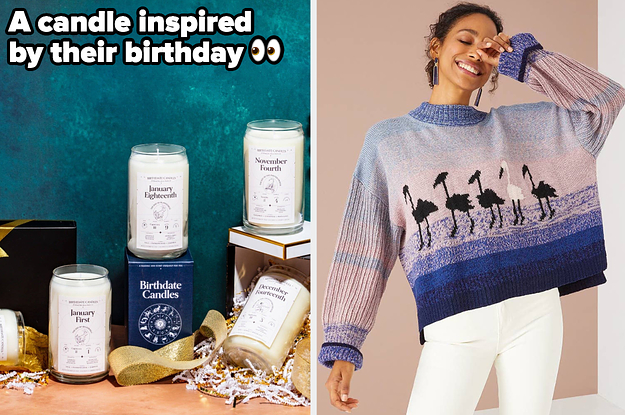 birthdate candles with text: a candle inspired by their birthday / model wearing a pink and blue flamingo sweater
