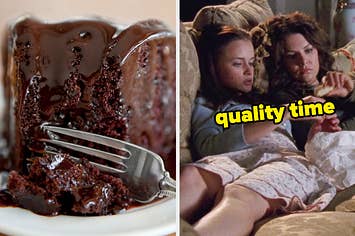 On the left, someone cutting into a fudgy slice of chocolate cake with a fork, and on the right, Rory and Lorelai from Gilmore Girls sitting on the couch labeled quality time