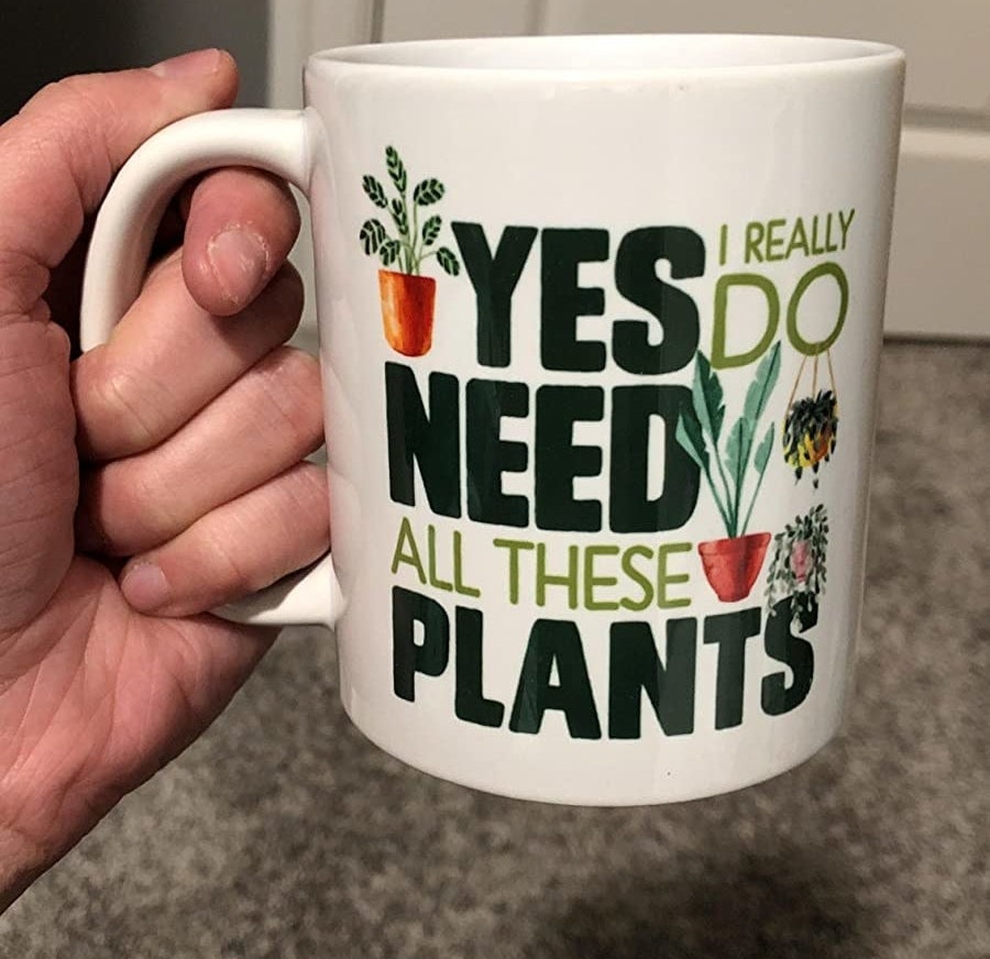 a reviewer holding the mug that reads yes i really do need all these plants