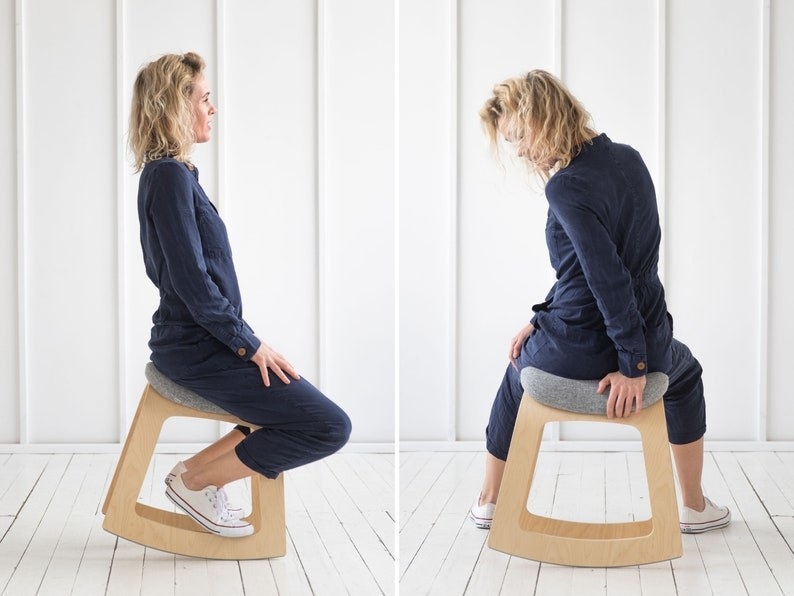 a model sitting on the saddle stool in two different positions