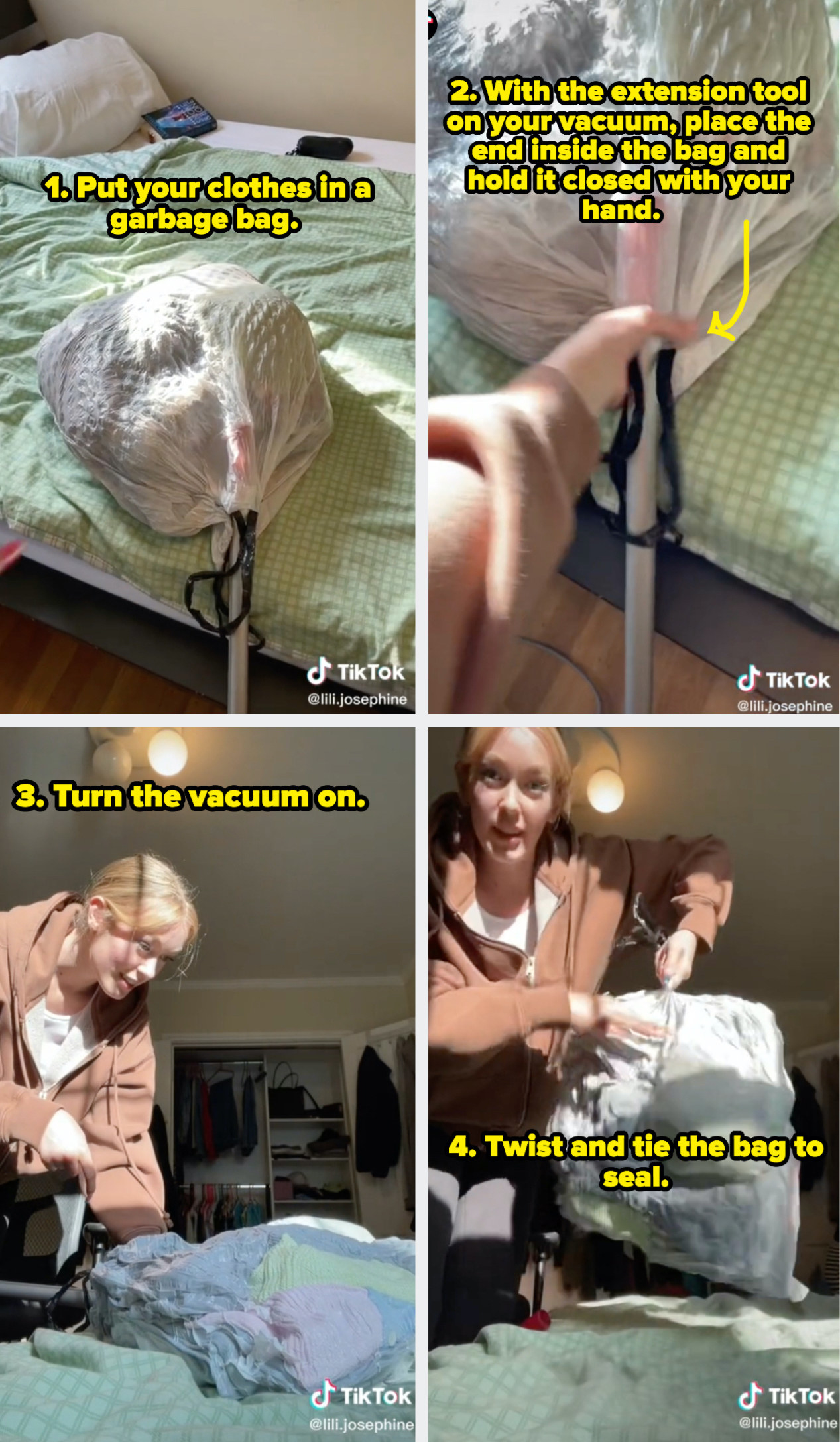 A guide to fill a garbage bag with clothes, then use the extension vacuum tool and place it in the bag, holding it closed over the tool. Turn the vacuum on to suck out the air, and twist and tie the bag to seal it