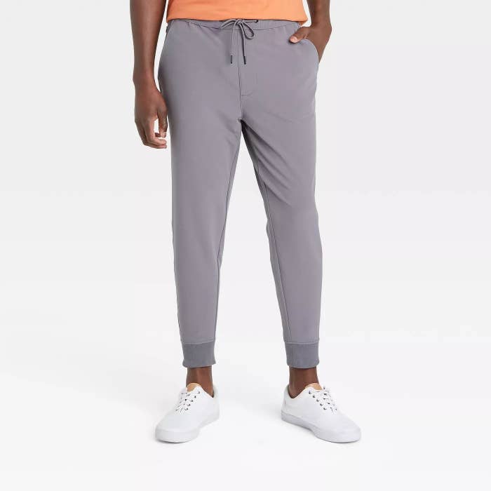 A pair of grey tech jogger pants
