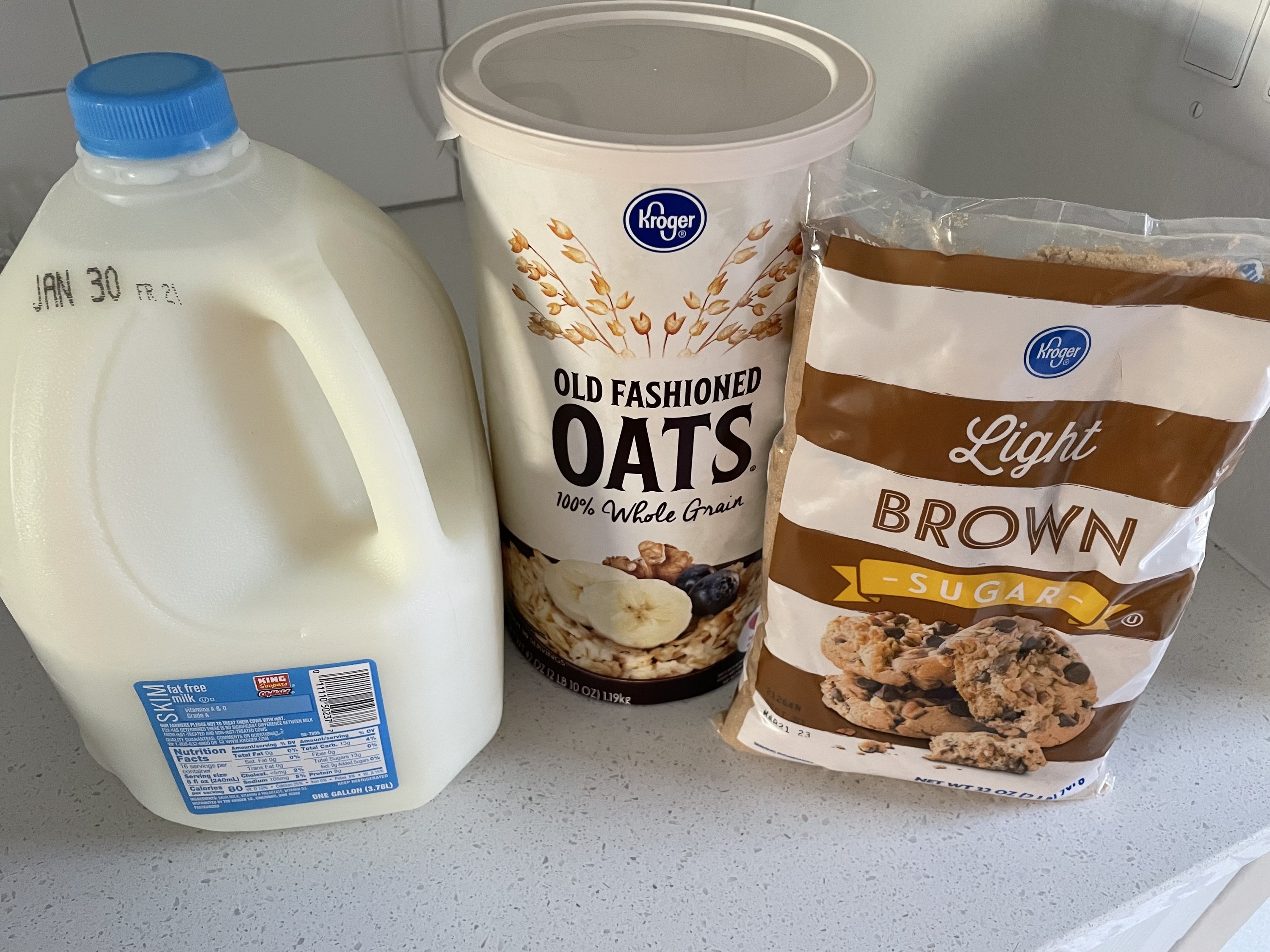 a gallon of milk, old fashioned oats, and light brown sugar
