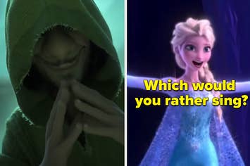 Bruno is on the left with Elsa on the right labeled, "Which would you rather sing?"