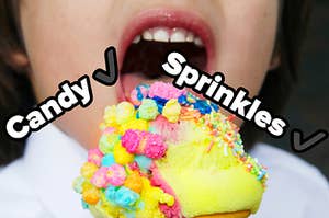 A boy is eating ice cream labeled "Candy" and "Sprinkles" 