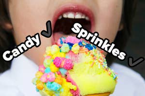 A boy is eating ice cream labeled "Candy" and "Sprinkles" 